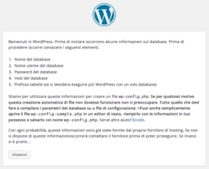 Schermata iniziale di installazione WordPress