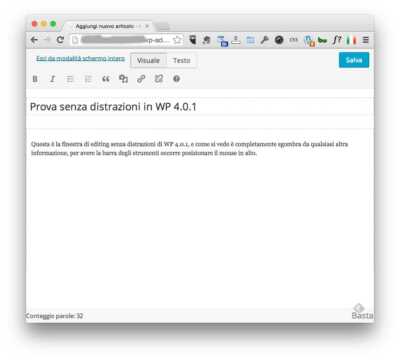 Editor senza distrazioni WordPress 4.0.1 con toolbar